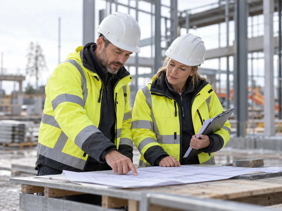 Safety adviser and site manager reviewing a plan – AI-generated illustration